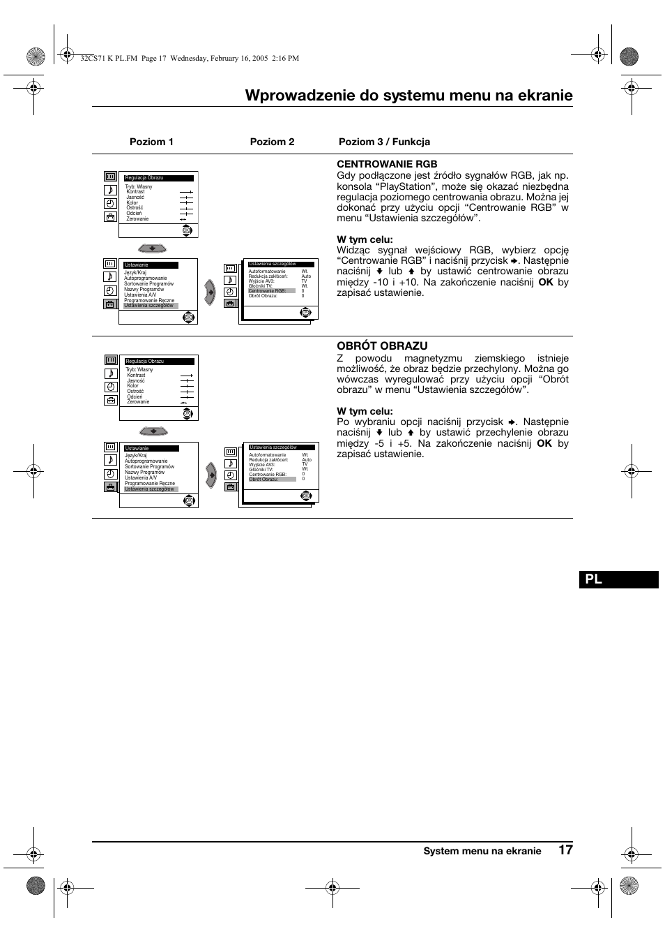 Wprowadzenie do systemu menu na ekranie, Obrót obrazu | Sony KV-32CS71K User Manual | Page 97 / 144