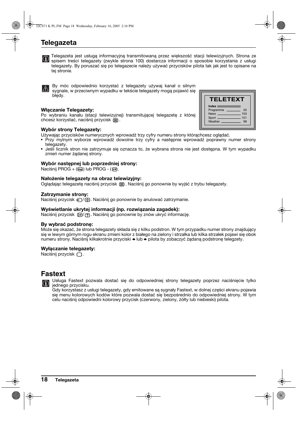 Telegazeta, Fastext, Teletext | Sony KV-32CS71K User Manual | Page 98 / 144