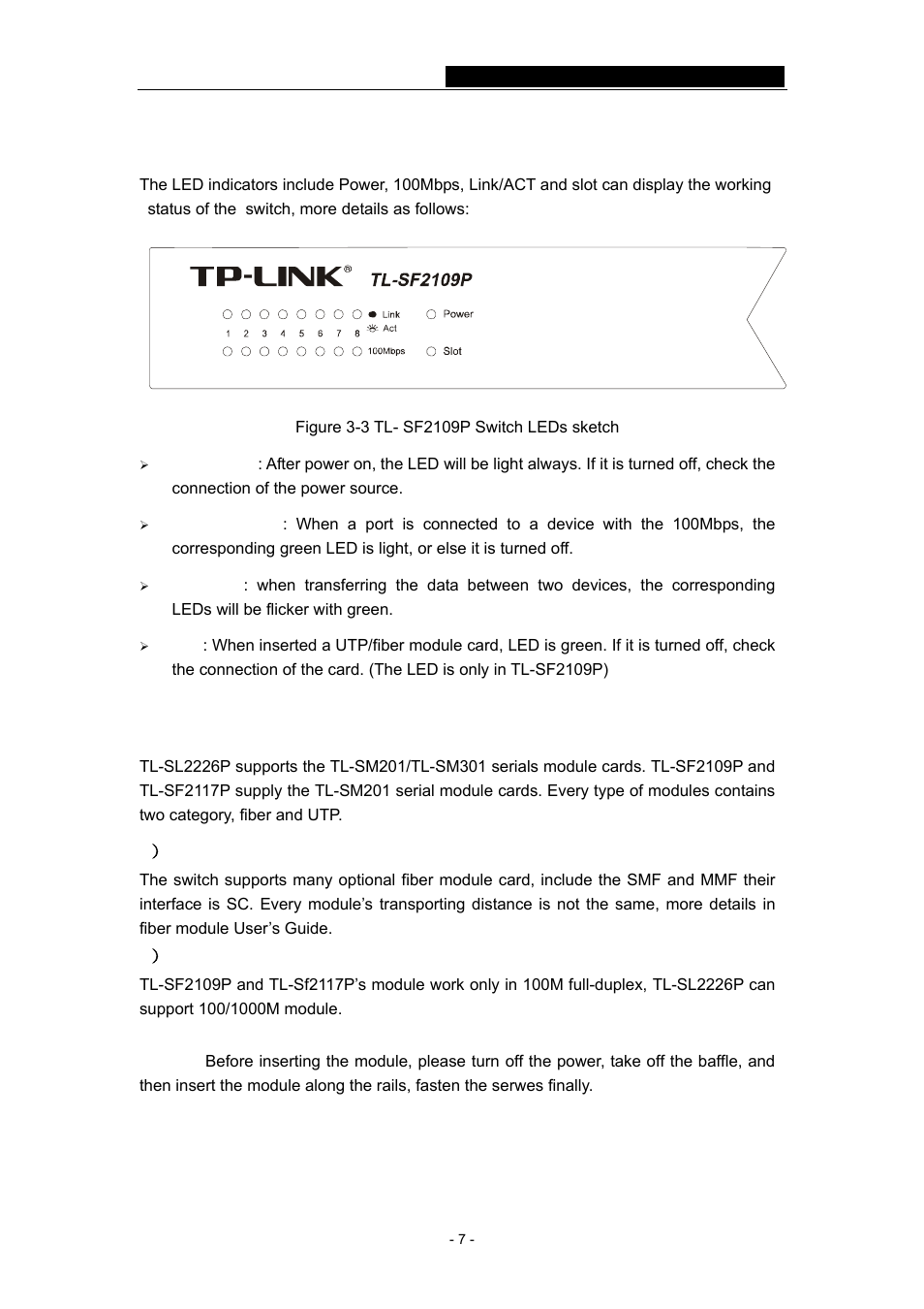 3 led indicators, 4 optional slot module, 3 led indicators 3.4 optional slot module | TP-Link TL-SF2109P User Manual | Page 10 / 32