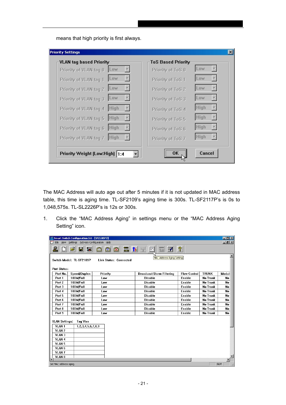 7 mac address age time | TP-Link TL-SF2109P User Manual | Page 24 / 32