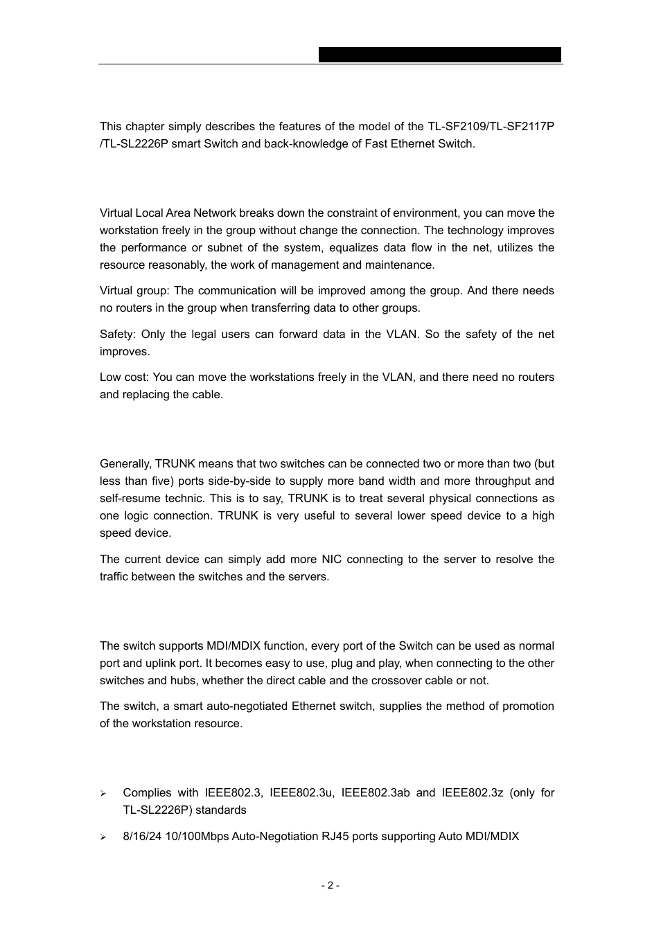 Chapter 1: introduction of the product, 1 virtual local area network (vlan), 2 port trunk | 3 auto mdi/mdix, 4 features | TP-Link TL-SF2109P User Manual | Page 5 / 32