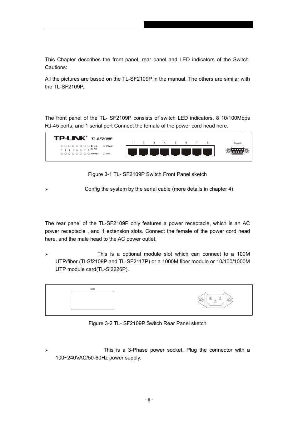 Chapter 3: identifying external components, 1 front panel, 2 rear panel | 1 front panel 3.2 rear panel | TP-Link TL-SF2109P User Manual | Page 9 / 32