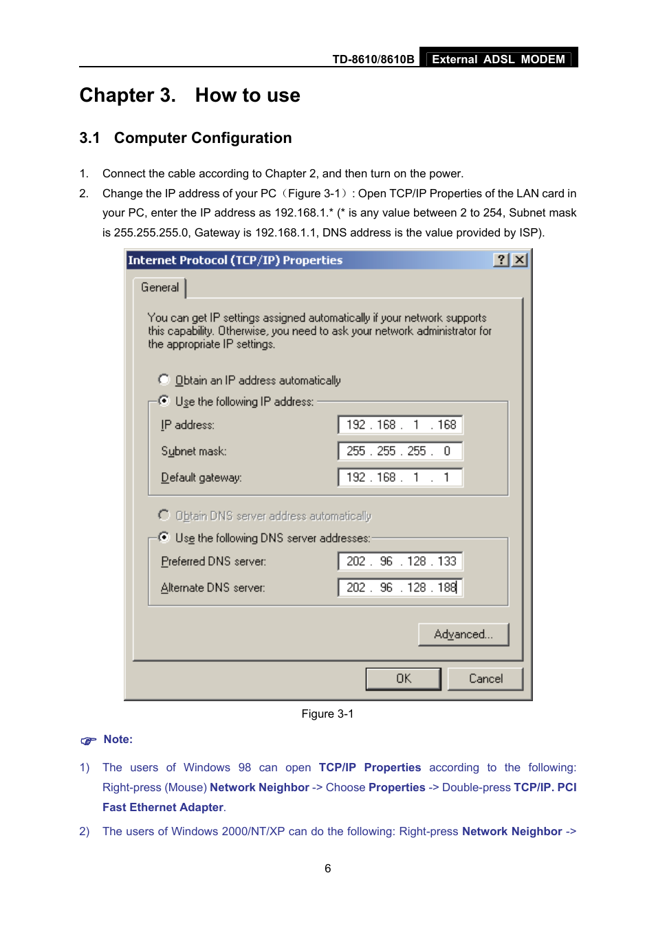 Chapter 3. how to use, 1 computer configuration, Chapter 3 | How to use, Computer configuration | TP-Link TD-861B User Manual | Page 11 / 15