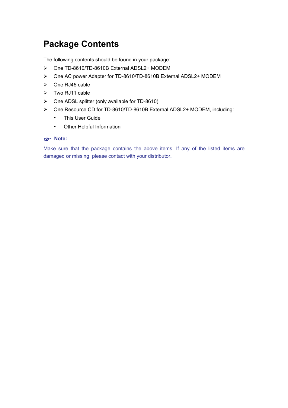 Package contents | TP-Link TD-861B User Manual | Page 4 / 15