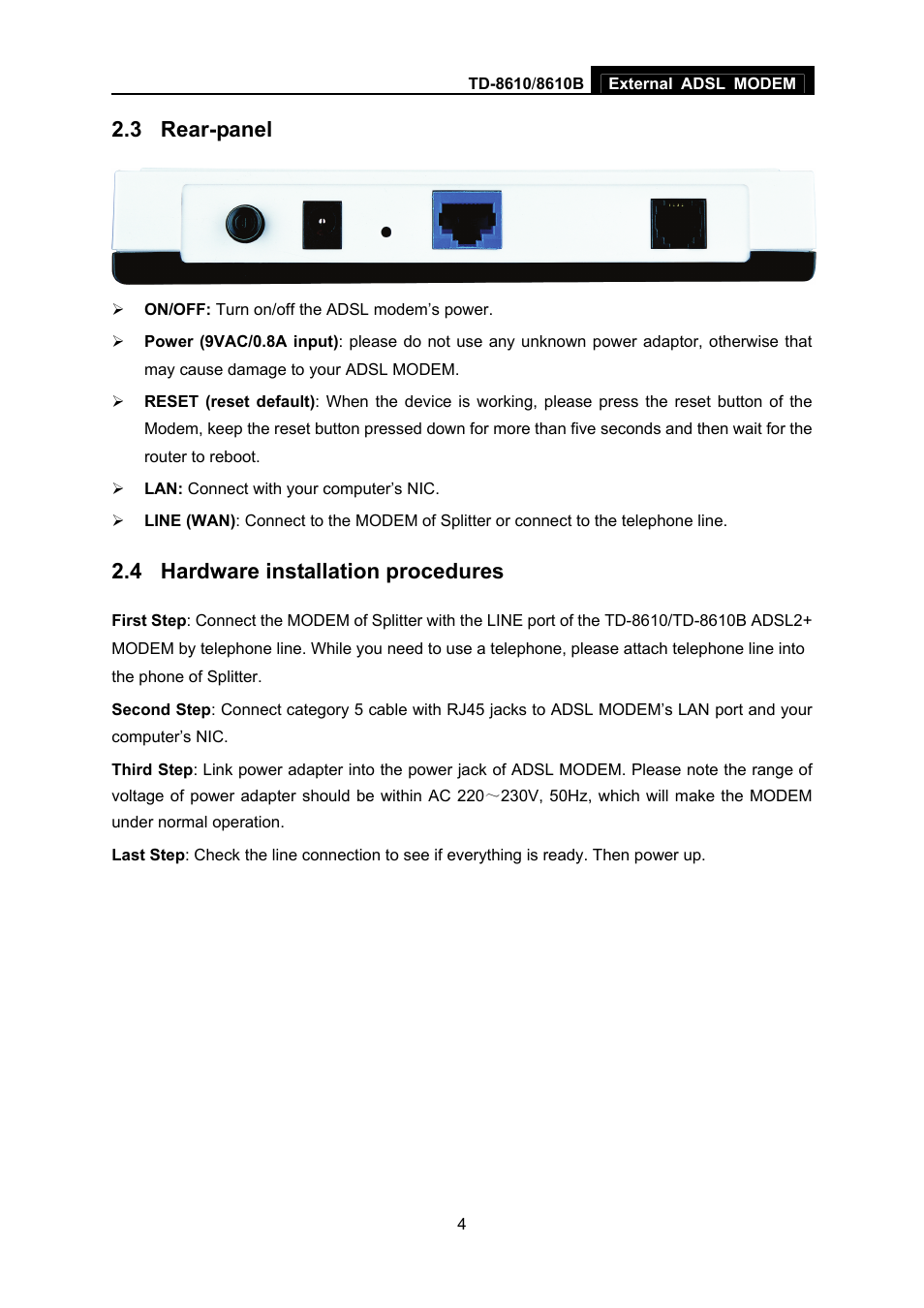 3 rear-panel, 4 hardware installation procedures, Rear-panel | Hardware installation procedures | TP-Link TD-861B User Manual | Page 9 / 15