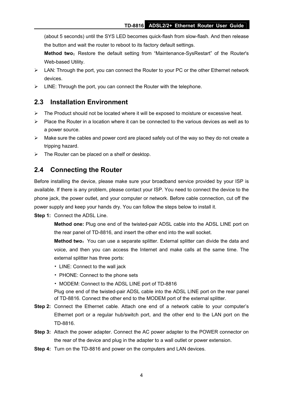 3 installation environment, 4 connecting the router, Installation environment | Connecting the router | TP-Link ETHERNET ROUTER TD-8816 User Manual | Page 10 / 55