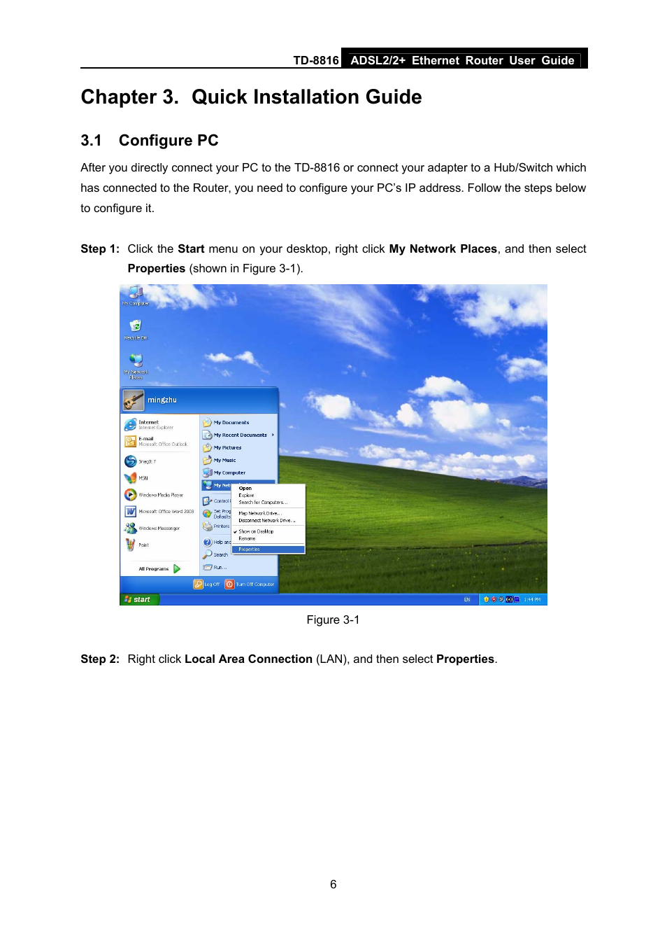 Chapter 3. quick installation guide, 1 configure pc, Chapter 3 | Quick installation guide, Configure pc | TP-Link ETHERNET ROUTER TD-8816 User Manual | Page 12 / 55