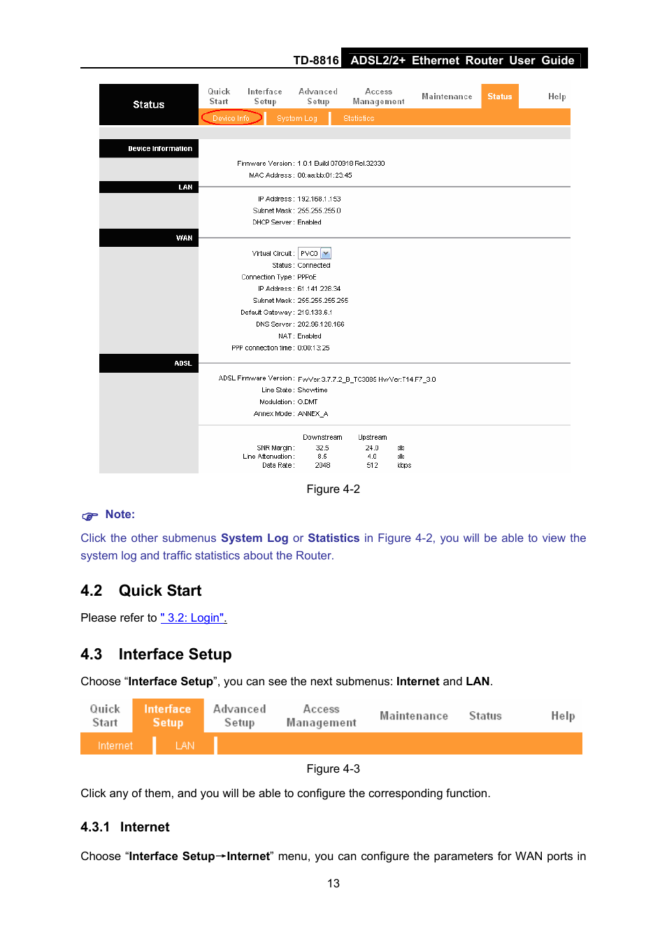 2 quick start, 3 interface setup, 1 internet | Quick start, Interface setup, Internet | TP-Link ETHERNET ROUTER TD-8816 User Manual | Page 19 / 55