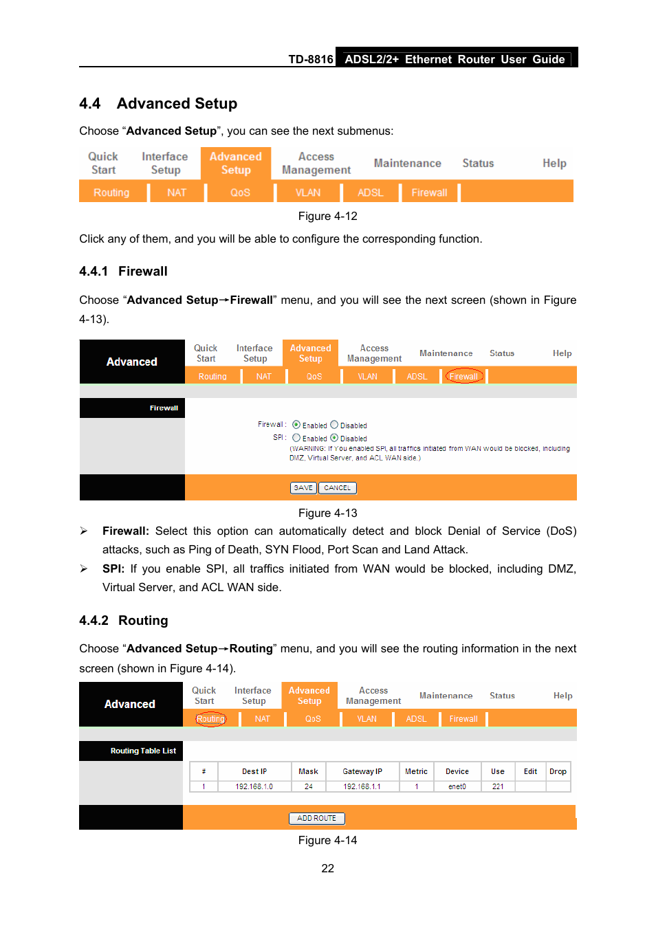 4 advanced setup, 1 firewall, 2 routing | Advanced setup, Firewall, Routing | TP-Link ETHERNET ROUTER TD-8816 User Manual | Page 28 / 55