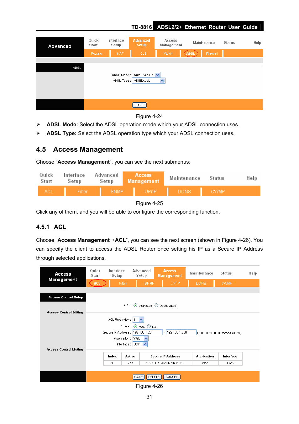 5 access management, 1 acl, Access management | TP-Link ETHERNET ROUTER TD-8816 User Manual | Page 37 / 55