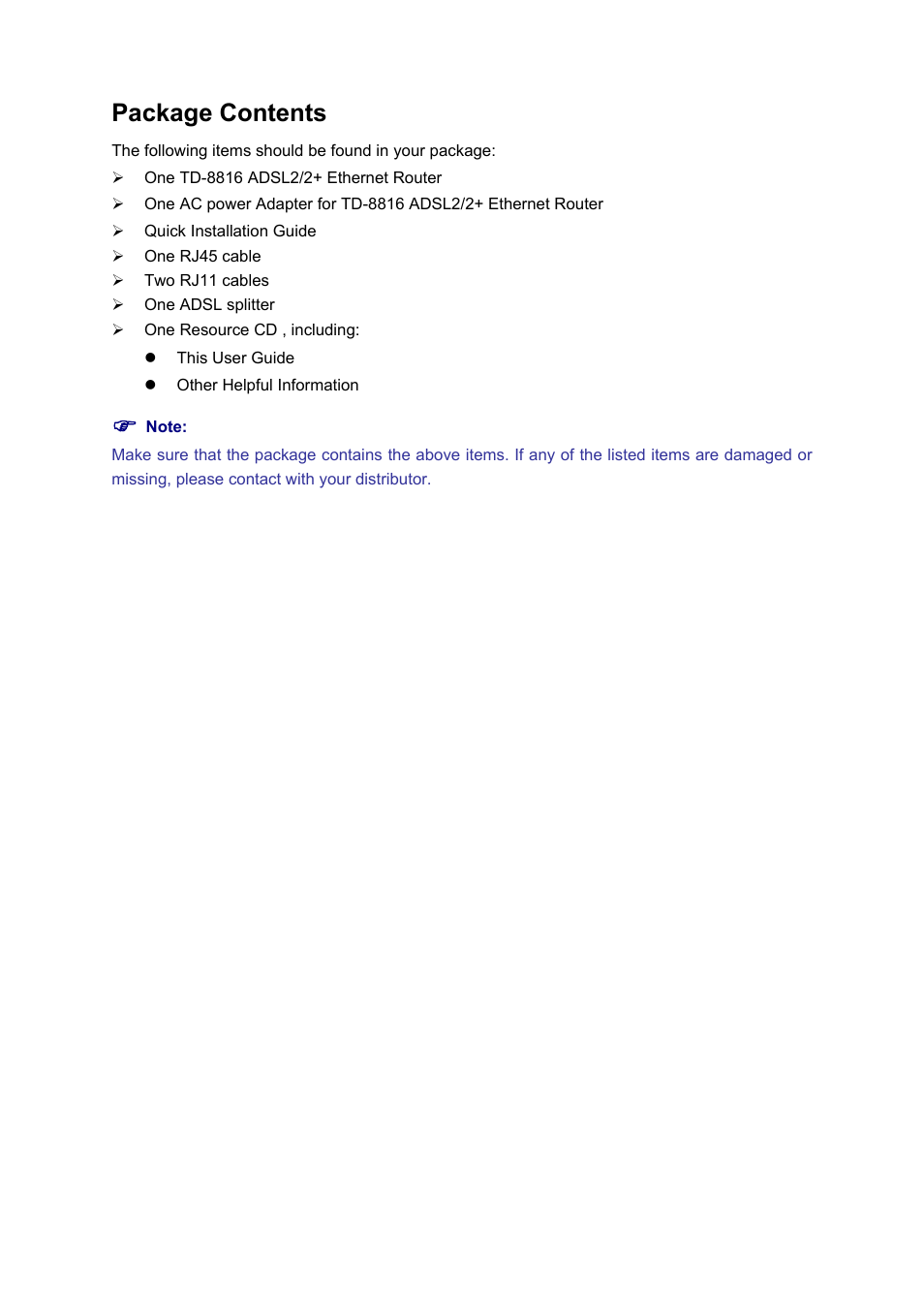 Package contents | TP-Link ETHERNET ROUTER TD-8816 User Manual | Page 4 / 55