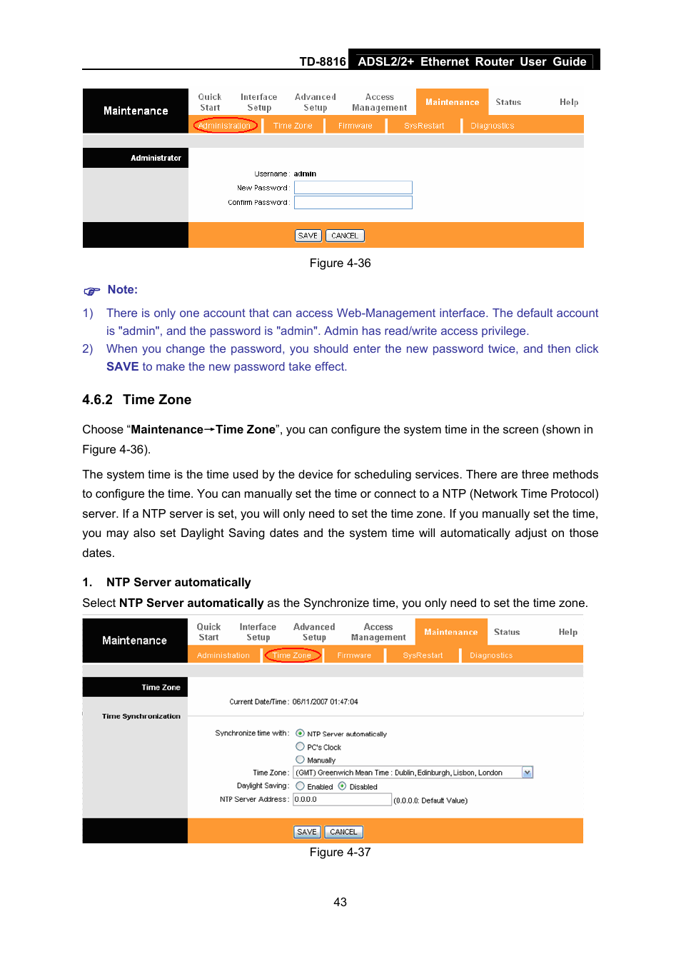 2 time zone, Time zone | TP-Link ETHERNET ROUTER TD-8816 User Manual | Page 49 / 55