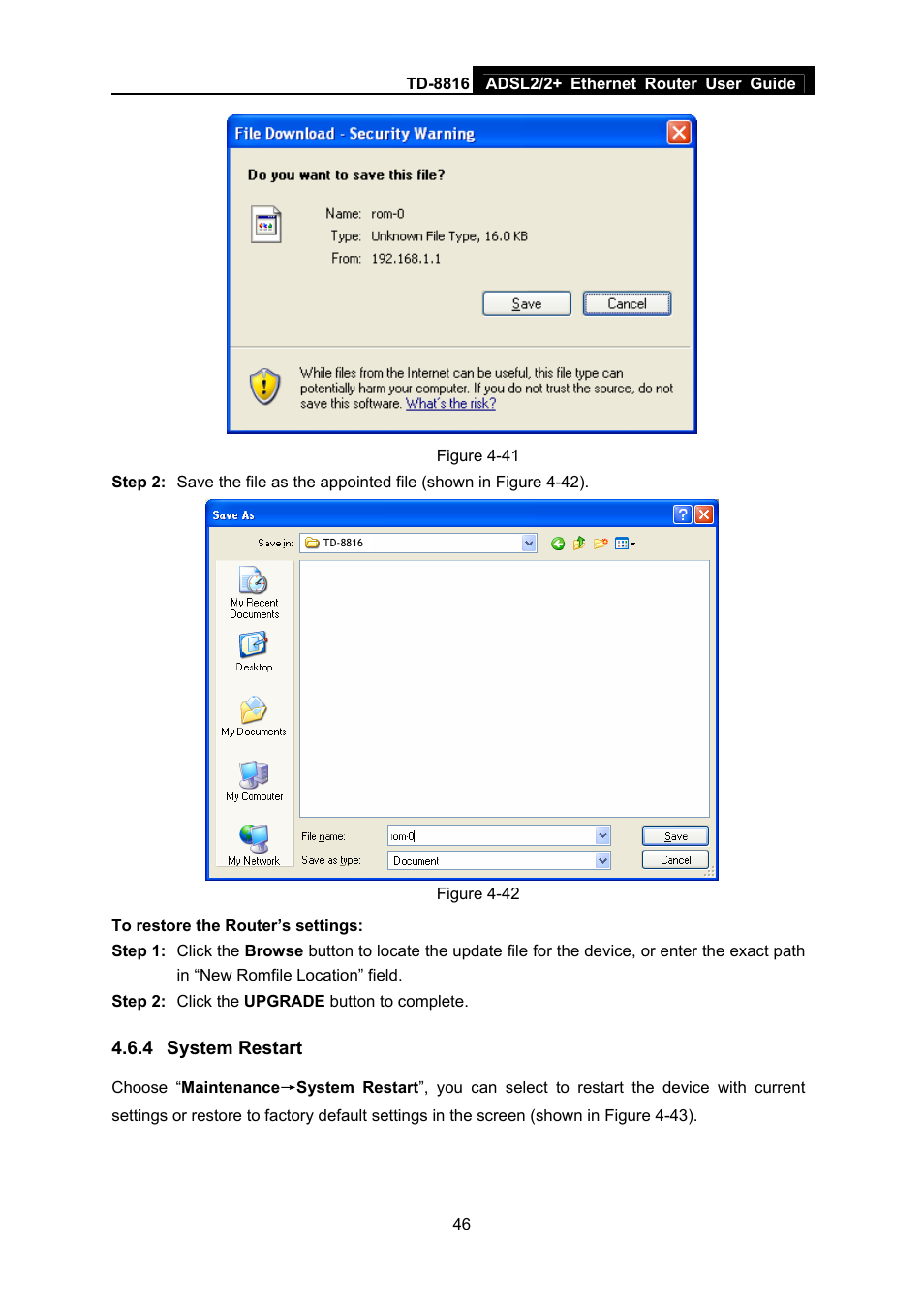 4 system restart, System restart | TP-Link ETHERNET ROUTER TD-8816 User Manual | Page 52 / 55