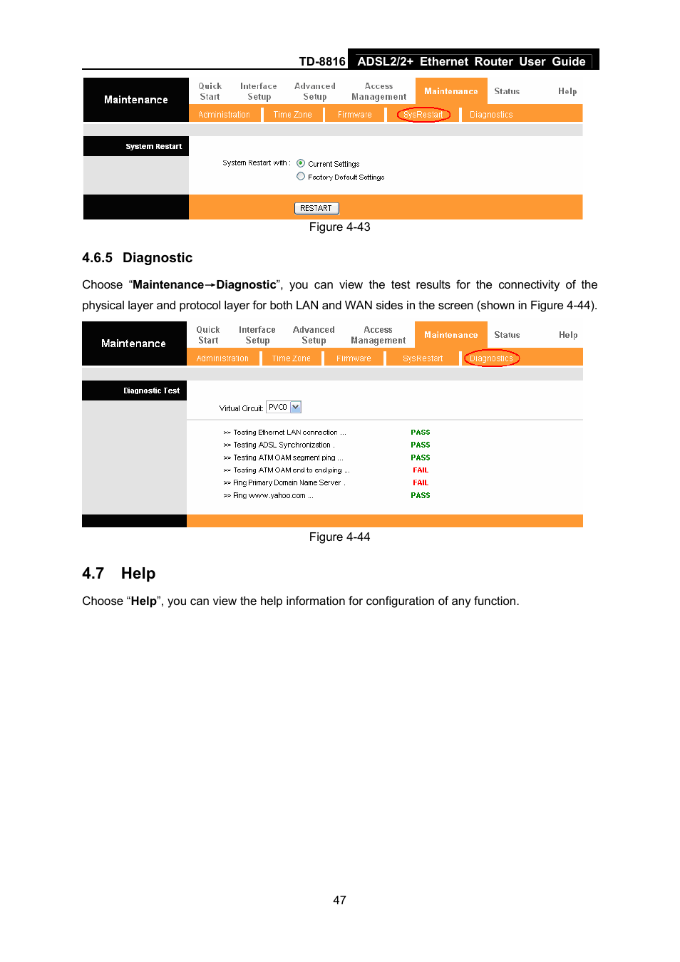 5 diagnostic, 7 help, Diagnostic | Help | TP-Link ETHERNET ROUTER TD-8816 User Manual | Page 53 / 55