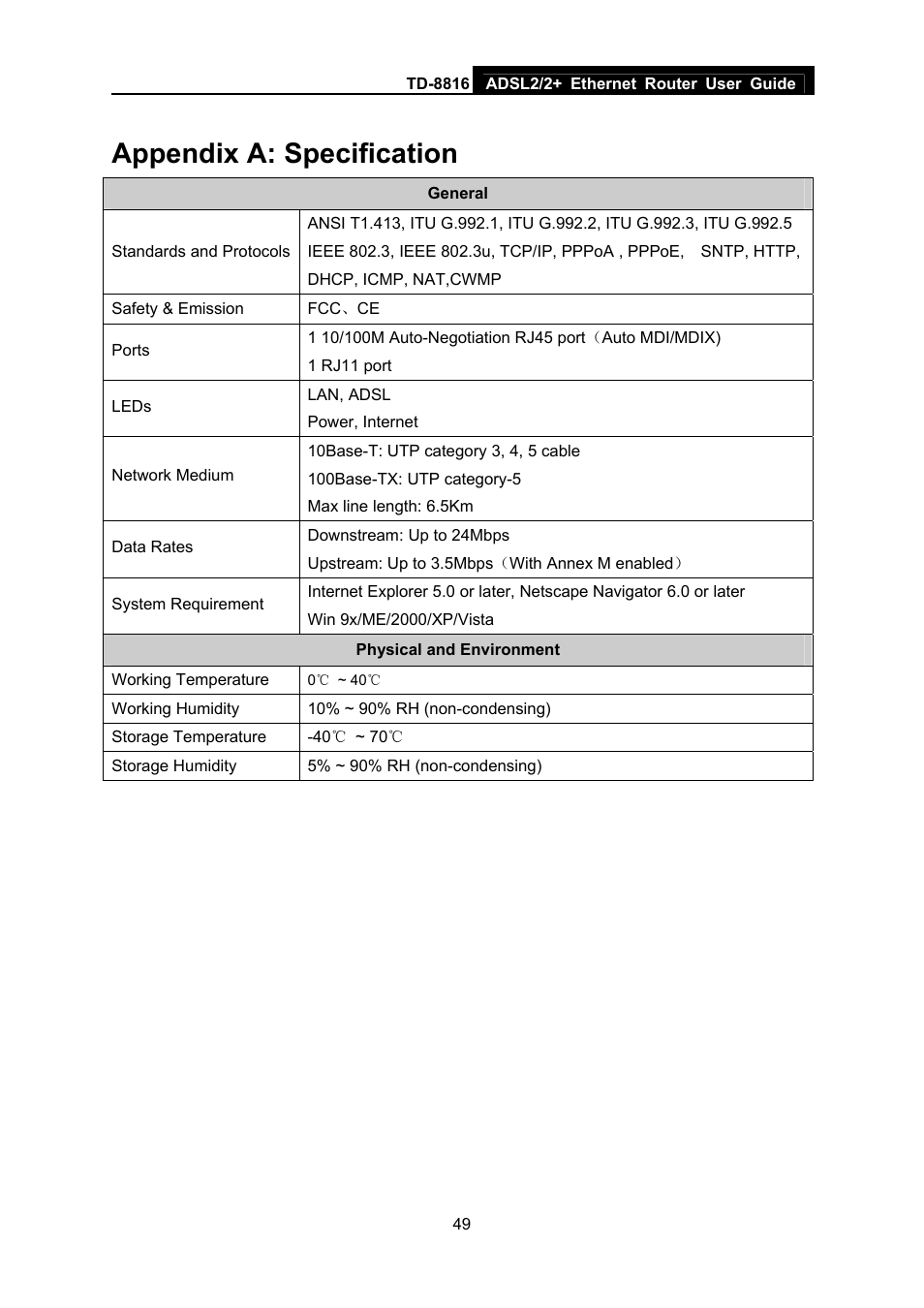 Appendix a: specification | TP-Link ETHERNET ROUTER TD-8816 User Manual | Page 55 / 55