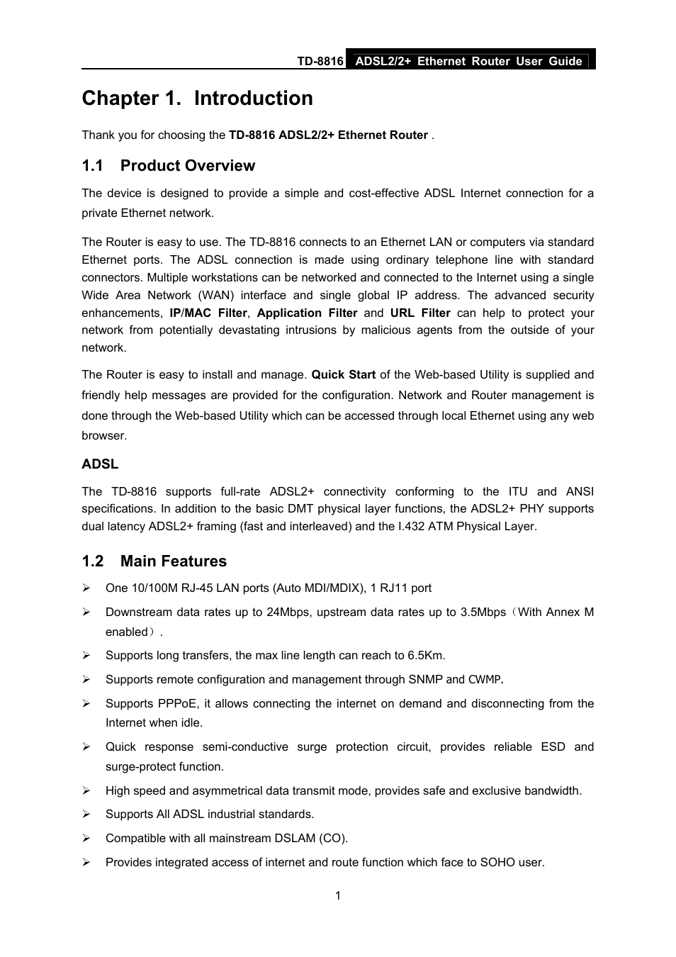 Chapter 1. introduction, 1 product overview, 2 main features | Chapter 1, Introduction, Product overview, Main features | TP-Link ETHERNET ROUTER TD-8816 User Manual | Page 7 / 55
