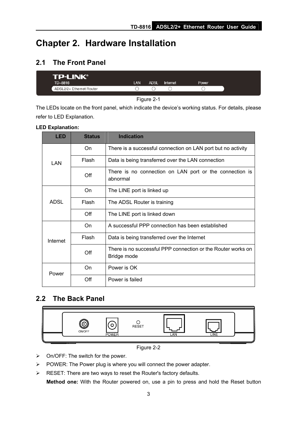 Chapter 2. hardware installation, 1 the front panel, 2 the back panel | Chapter 2, Hardware installation, The front panel, The back panel | TP-Link ETHERNET ROUTER TD-8816 User Manual | Page 9 / 55