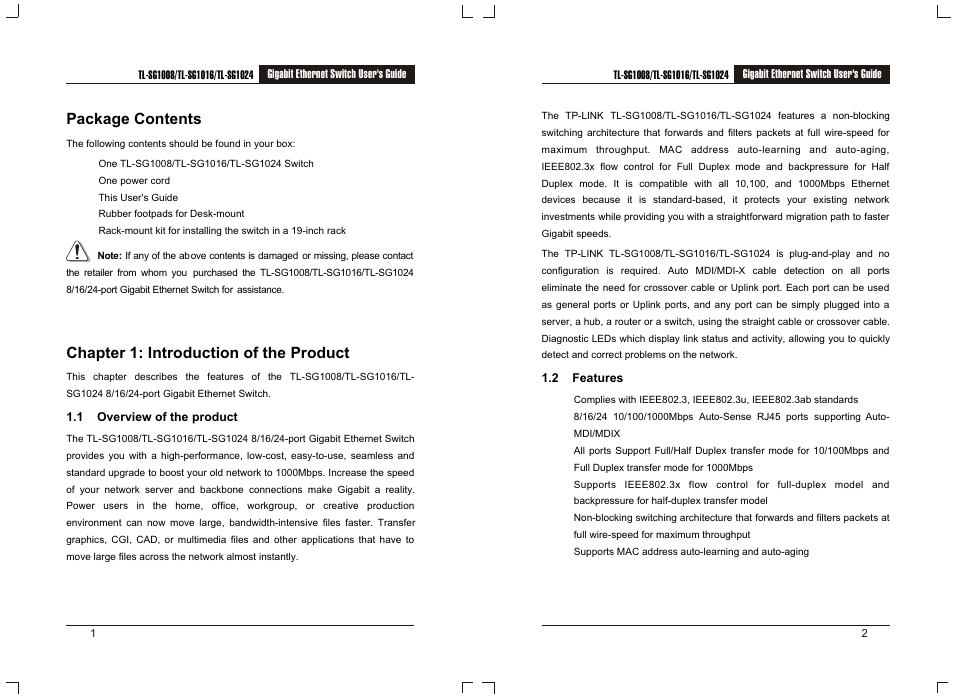 Т³гж 3, Package contents, Chapter 1: introduction of the product | TP-Link Gigabit Ethernet Switch TL-SG1008 User Manual | Page 3 / 6