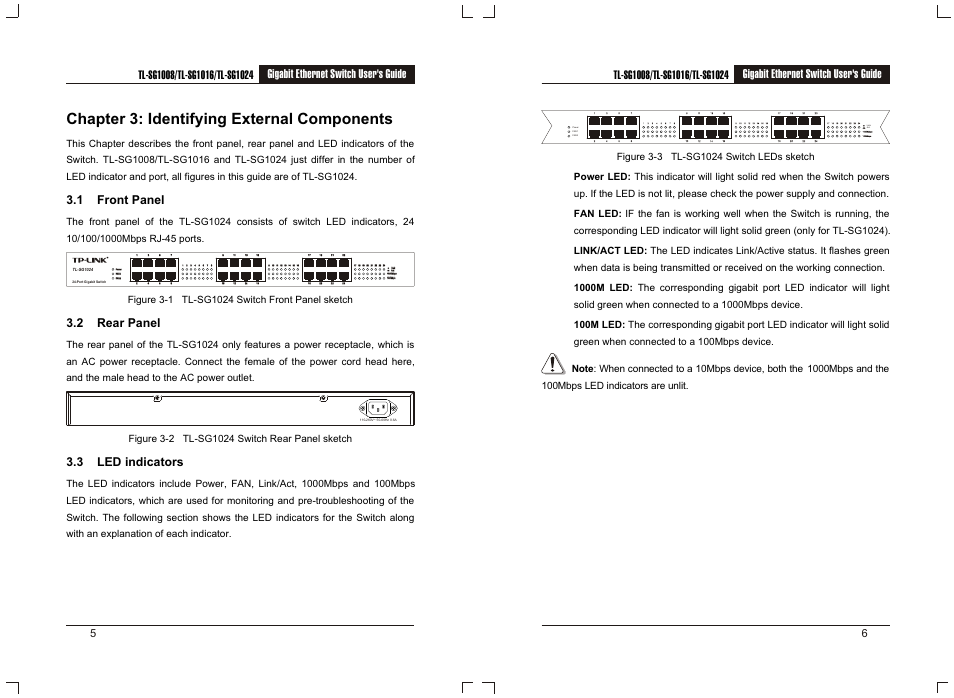 Т³гж 5, Chapter 3: identifying external components, Gigabit ethernet switch user's guide | 1 front panel, 2 rear panel, 3 led indicators | TP-Link Gigabit Ethernet Switch TL-SG1008 User Manual | Page 5 / 6