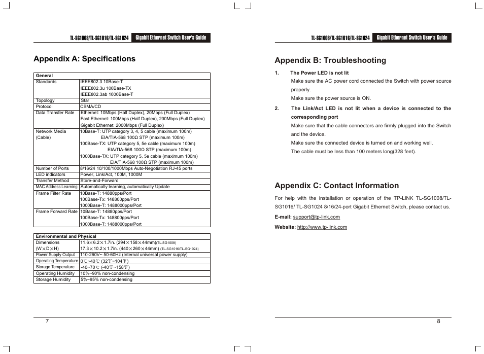 Т³гж 6, Appendix a: specifications, Appendix b: troubleshooting | Appendix c: contact information, Gigabit ethernet switch user's guide | TP-Link Gigabit Ethernet Switch TL-SG1008 User Manual | Page 6 / 6