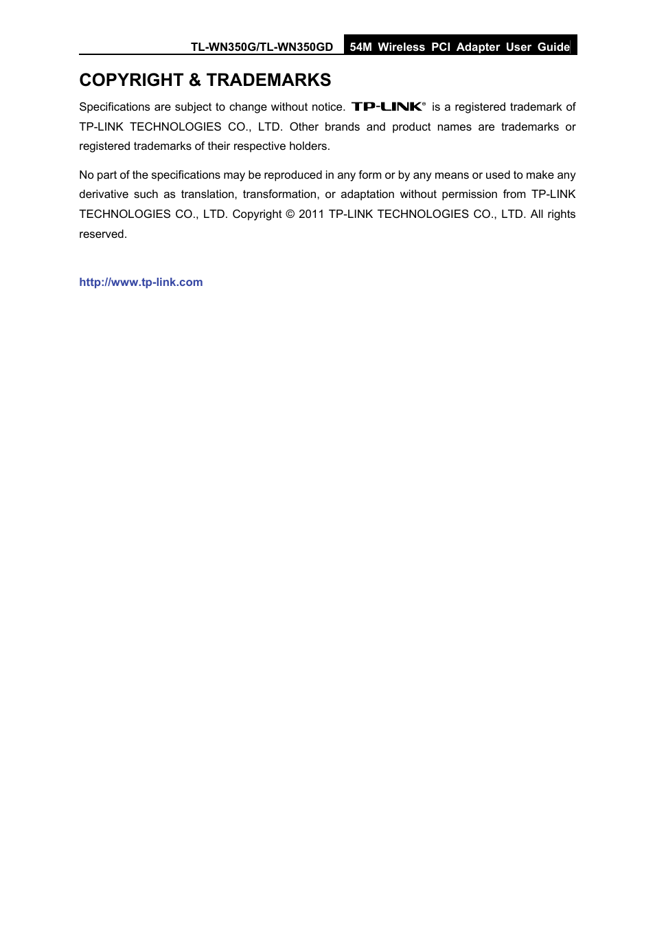 Copyright & trademarks | TP-Link TL-WN350G User Manual | Page 2 / 40