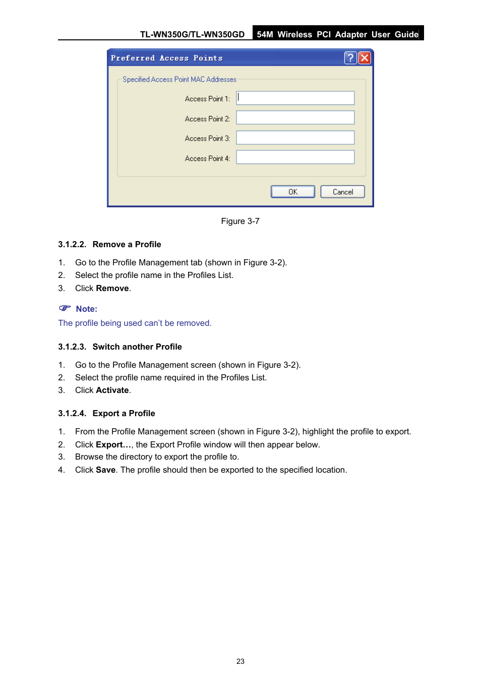 Remove a profile, Switch another profile, Export a profile | TP-Link TL-WN350G User Manual | Page 29 / 40