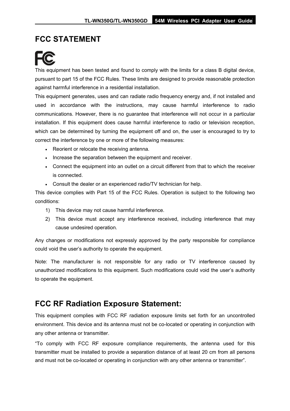 Fcc statement, Fcc rf radiation exposure statement | TP-Link TL-WN350G User Manual | Page 3 / 40