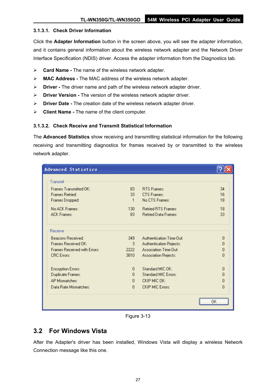 Check driver information, Check receive and transmit statistical information, 2 for windows vista | For windows vista | TP-Link TL-WN350G User Manual | Page 33 / 40