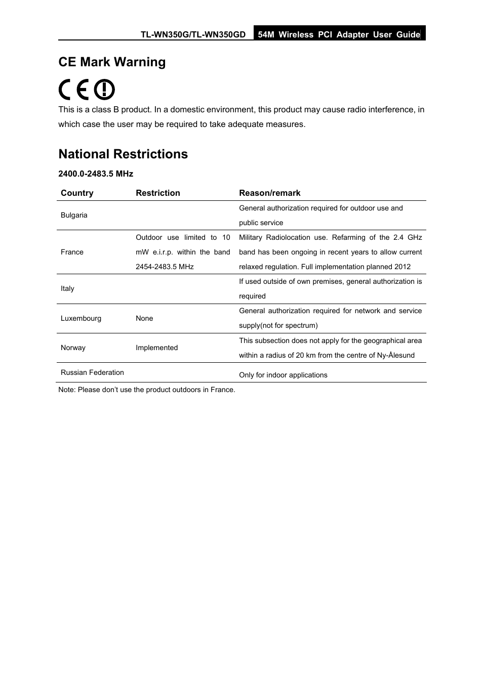 Ce mark warning, National restrictions | TP-Link TL-WN350G User Manual | Page 4 / 40