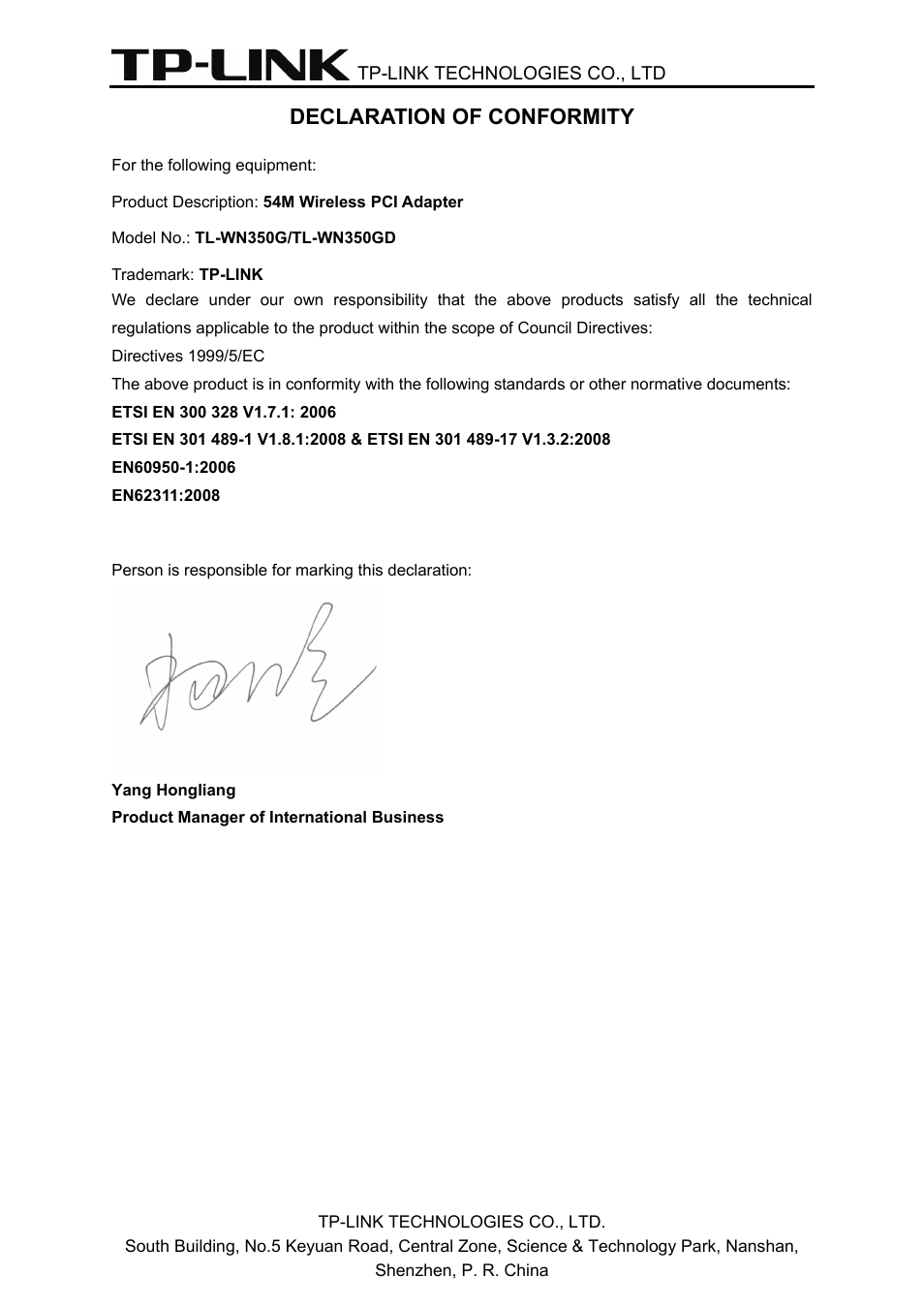 Declaration of conformity | TP-Link TL-WN350G User Manual | Page 5 / 40