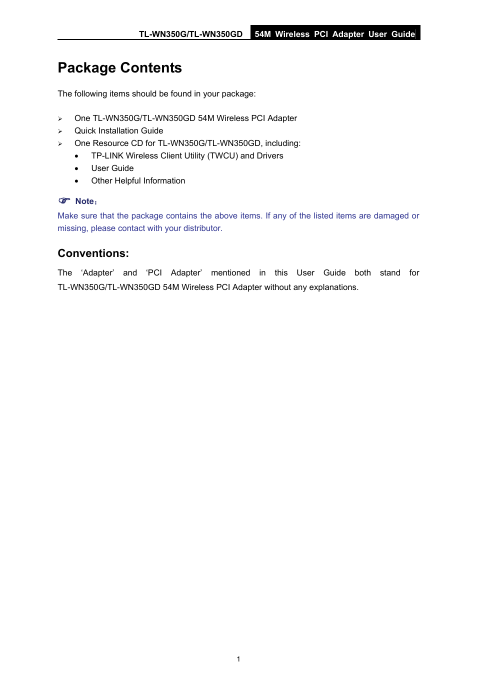 Package contents, Conventions | TP-Link TL-WN350G User Manual | Page 7 / 40