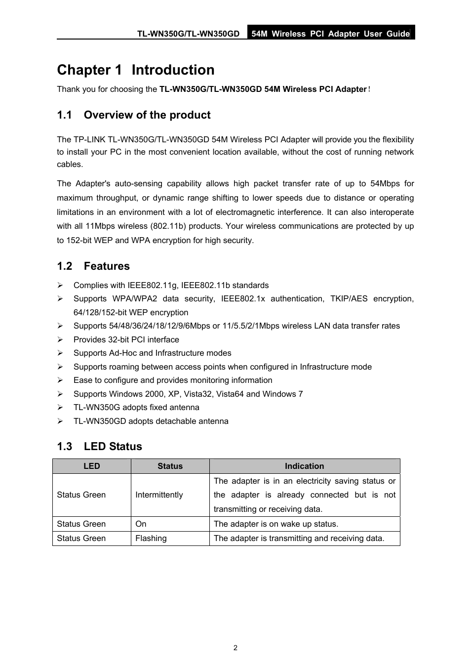 Chapter 1 introduction, 1 overview of the product, 2 features | 3 led status, Chapter 1, Introduction, Overview of the product, Features, Led status | TP-Link TL-WN350G User Manual | Page 8 / 40