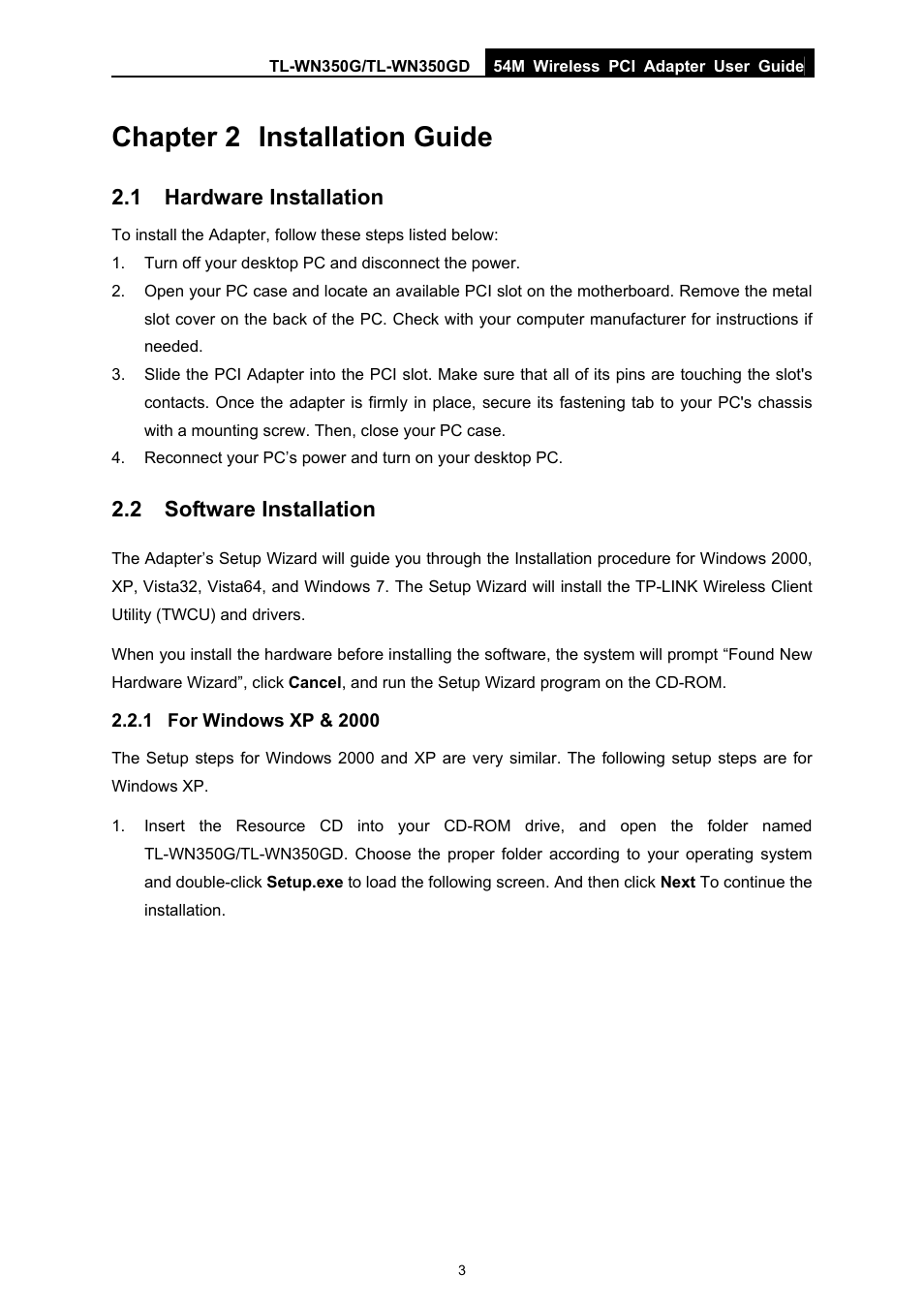 Chapter 2 installation guide, 1 hardware installation, 2 software installation | 1 for windows xp & 2000, Chapter 2, Installation guide, Hardware installation, Software installation, For windows xp & 2000 | TP-Link TL-WN350G User Manual | Page 9 / 40