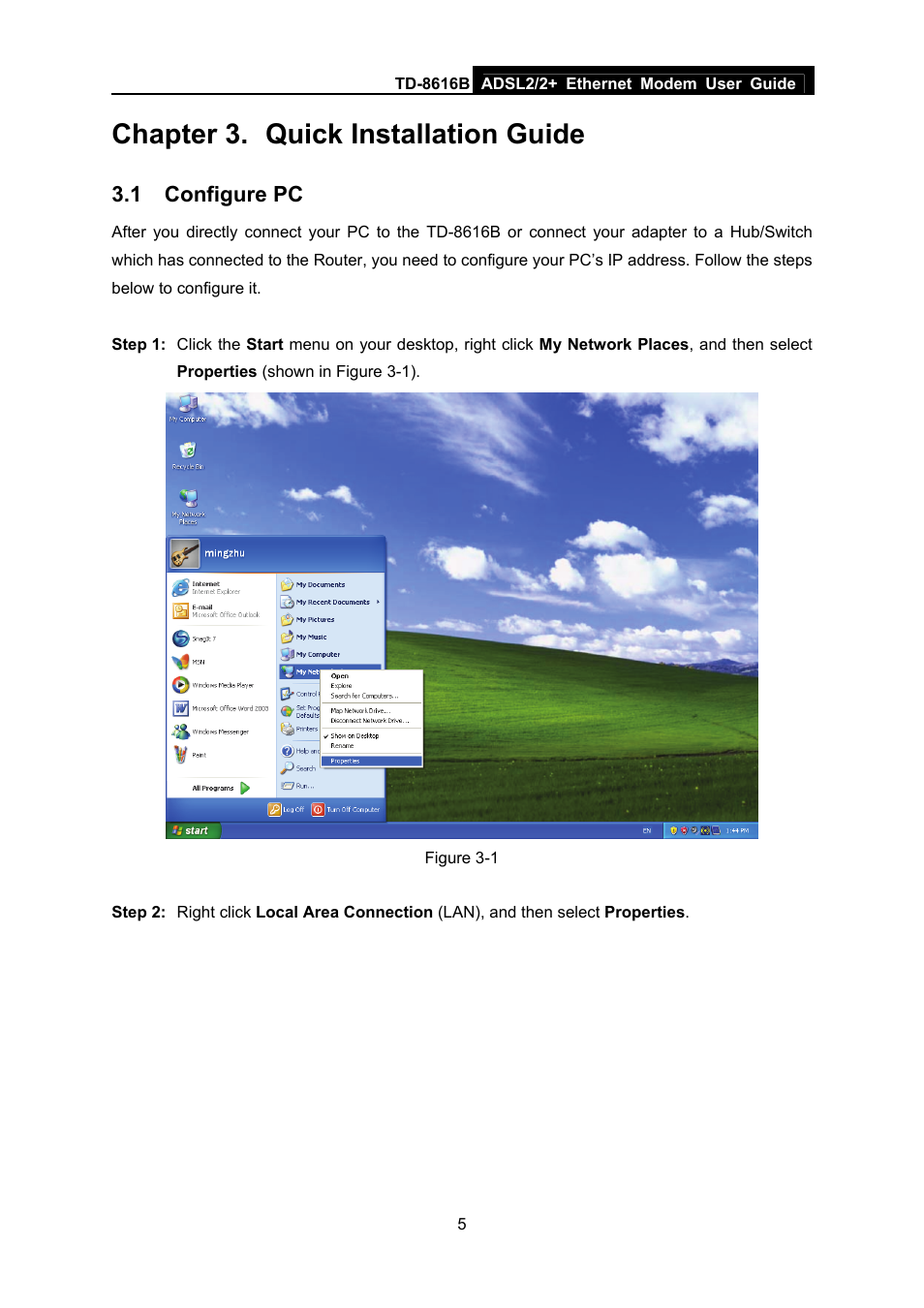 Chapter 3. quick installation guide, 1 configure pc, Chapter 3 | Quick installation guide, Configure pc | TP-Link TD-8616B User Manual | Page 10 / 22