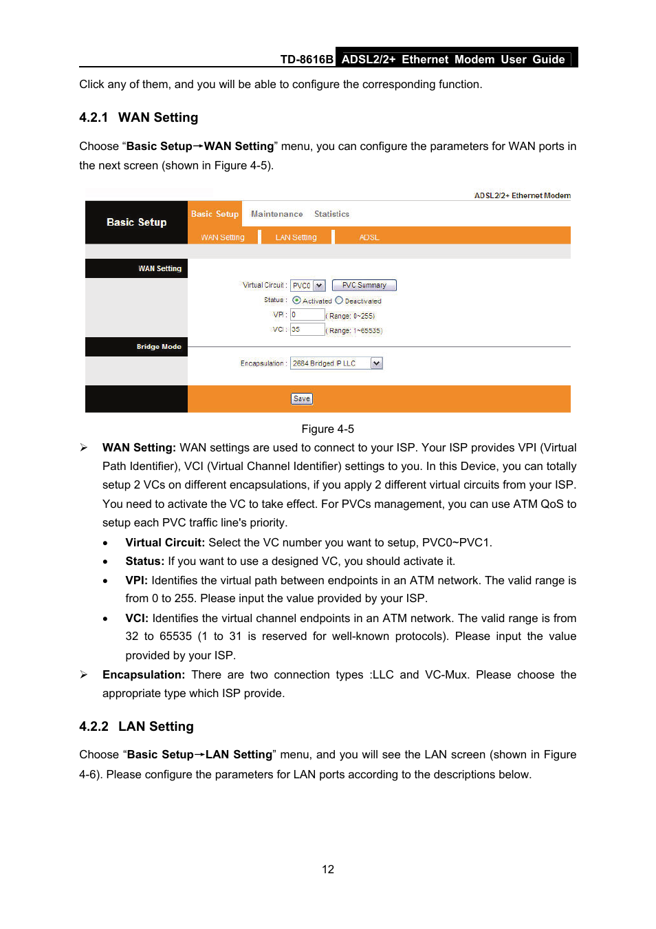 1 wan setting, 2 lan setting, Wan setting | Lan setting | TP-Link TD-8616B User Manual | Page 17 / 22