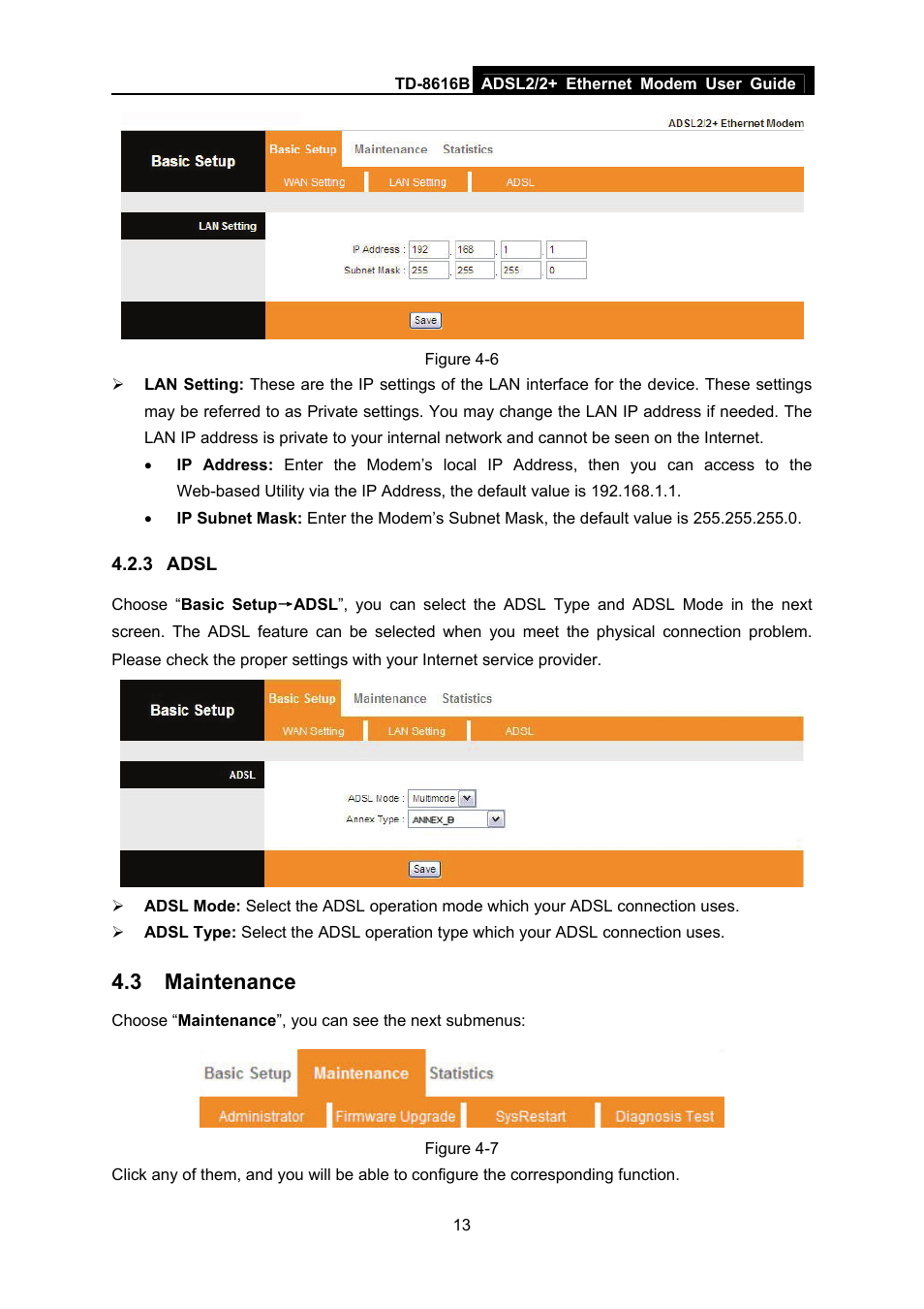 3 adsl, 3 maintenance, Adsl | Maintenance | TP-Link TD-8616B User Manual | Page 18 / 22