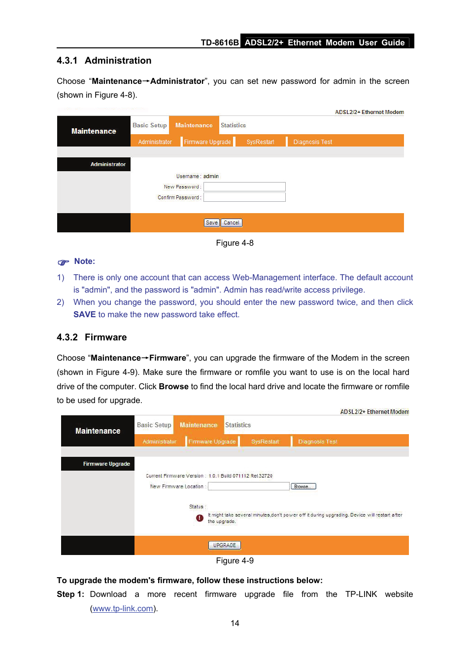 1 administration, 2 firmware, Administration | Firmware | TP-Link TD-8616B User Manual | Page 19 / 22