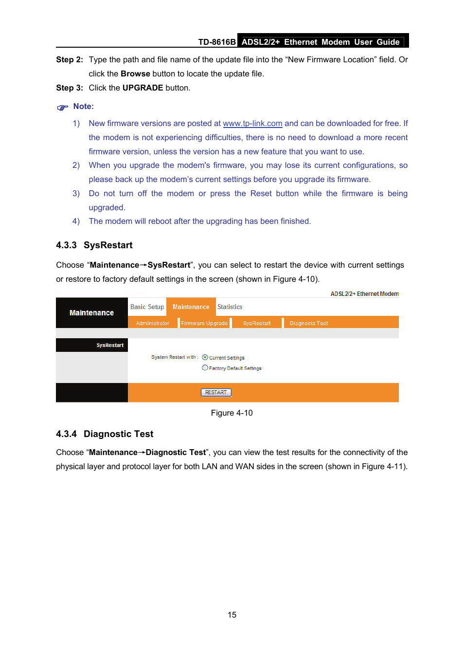 3 sysrestart, 4 diagnostic test, Sysrestart | Diagnostic test | TP-Link TD-8616B User Manual | Page 20 / 22