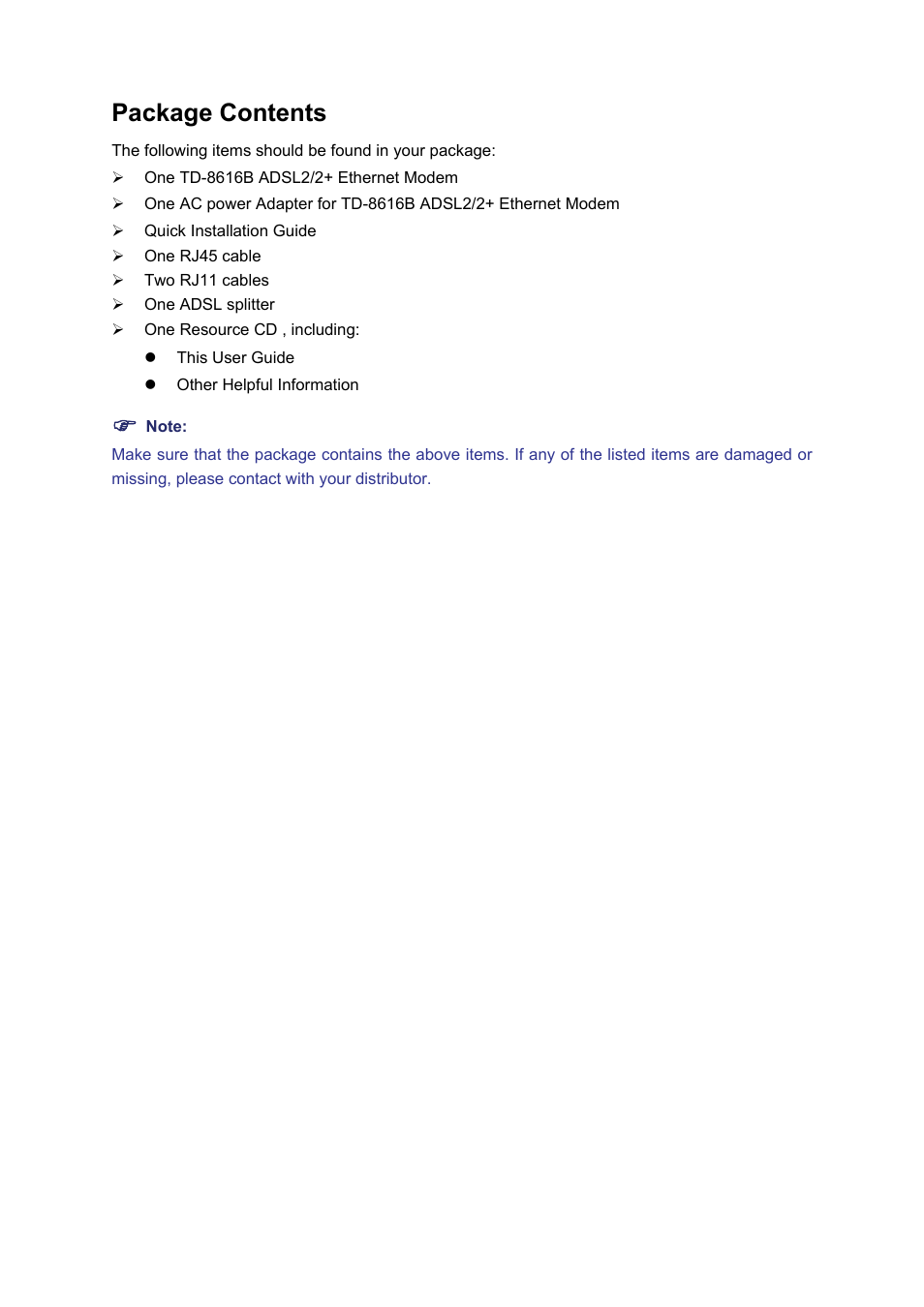 Package contents | TP-Link TD-8616B User Manual | Page 4 / 22