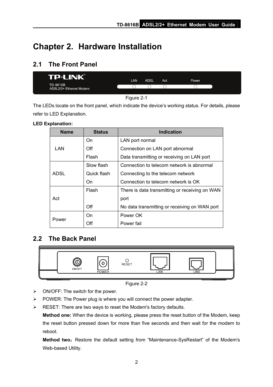 Chapter 2. hardware installation, 1 the front panel, 2 the back panel | Chapter 2, Hardware installation, The front panel, The back panel | TP-Link TD-8616B User Manual | Page 7 / 22