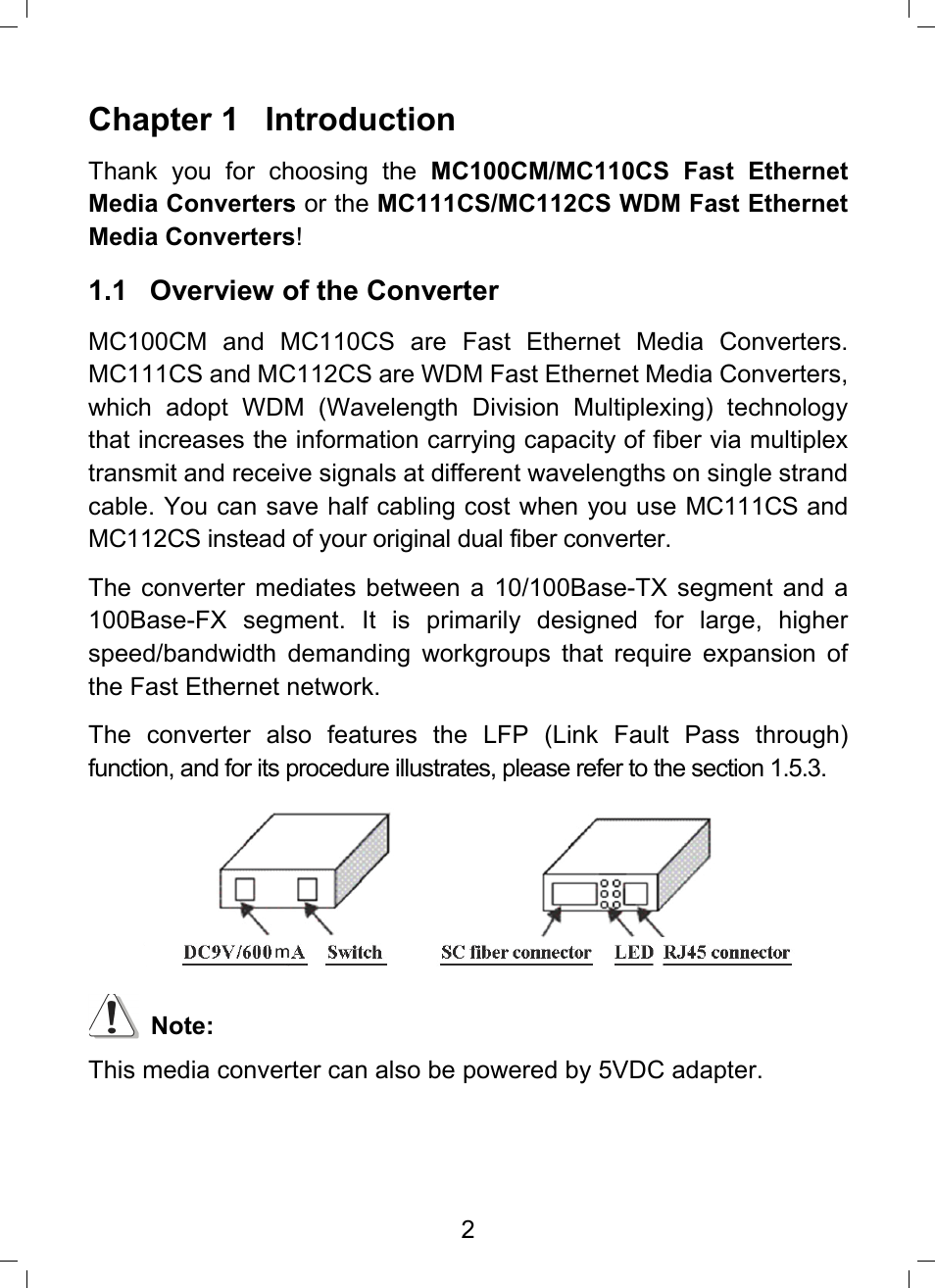 Chapter 1 introduction, 1 overview of the converter | TP-Link MC112CS User Manual | Page 8 / 20