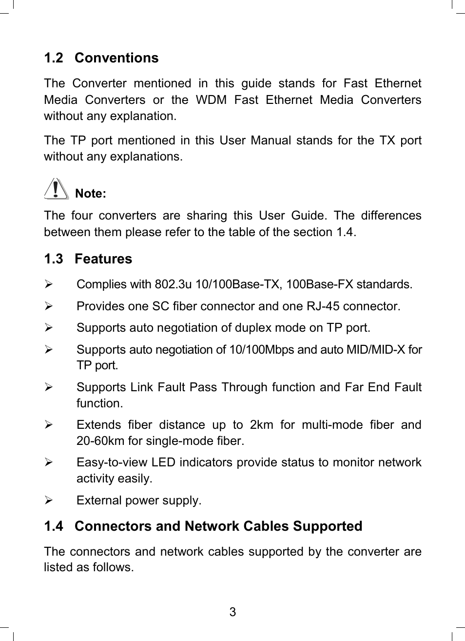 2 conventions, 3 features, 4 connectors and network cables supported | TP-Link MC112CS User Manual | Page 9 / 20
