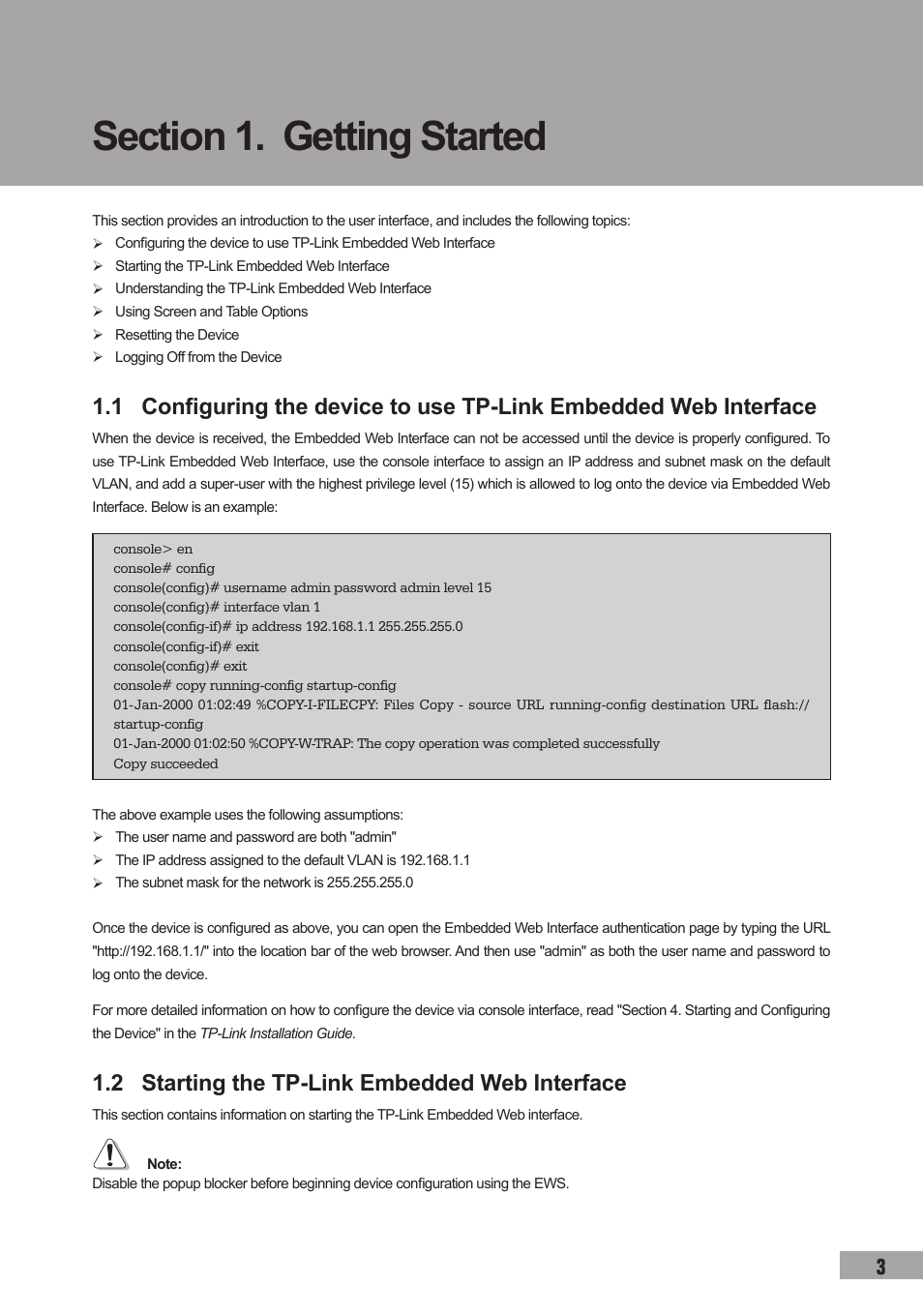 Section 1. getting started, 2 starting the tp-link embedded web interface | TP-Link TL-SL3452 User Manual | Page 10 / 120