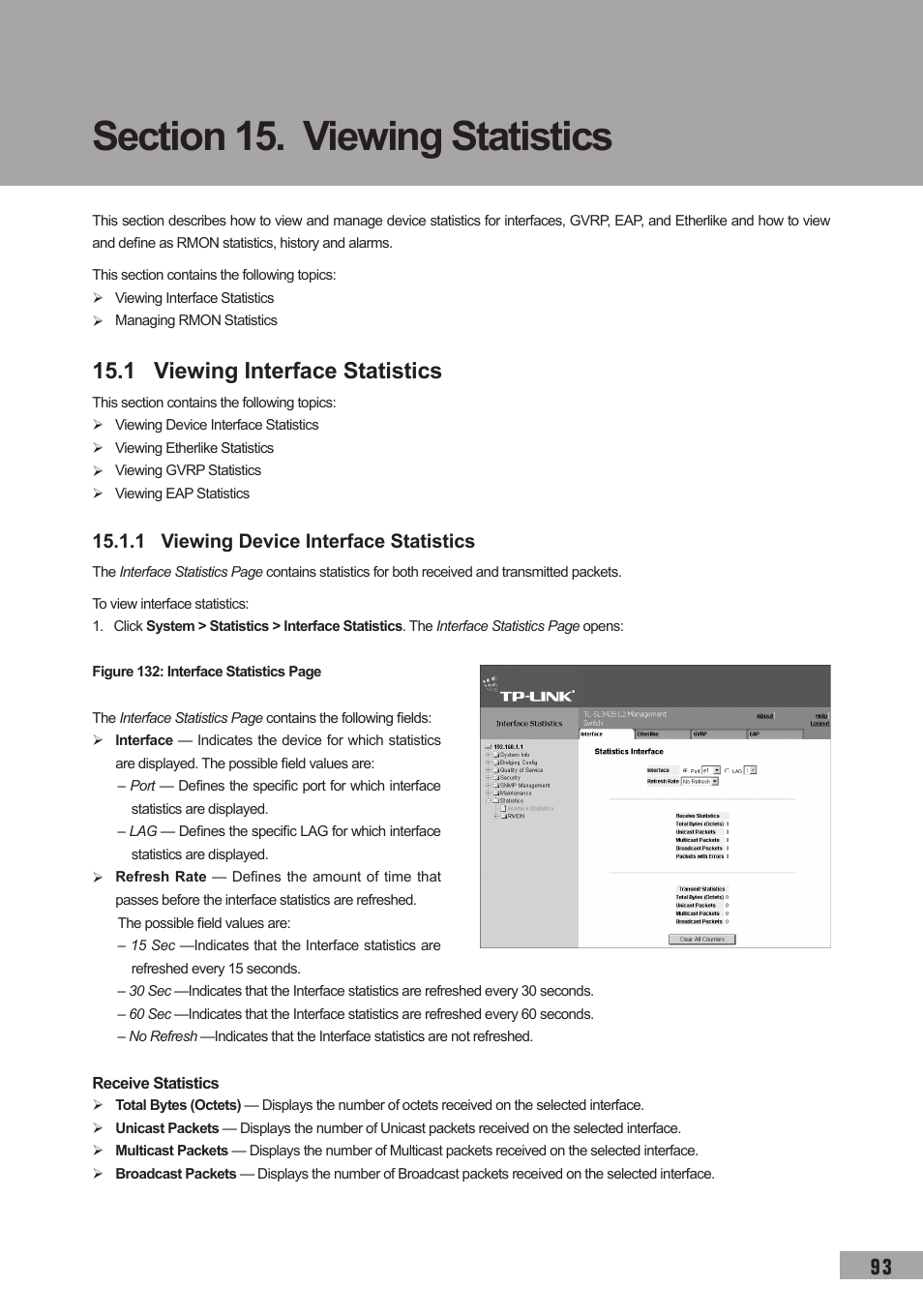 Section 15. viewing statistics, 1 viewing interface statistics, 1 viewing device interface statistics | TP-Link TL-SL3452 User Manual | Page 100 / 120