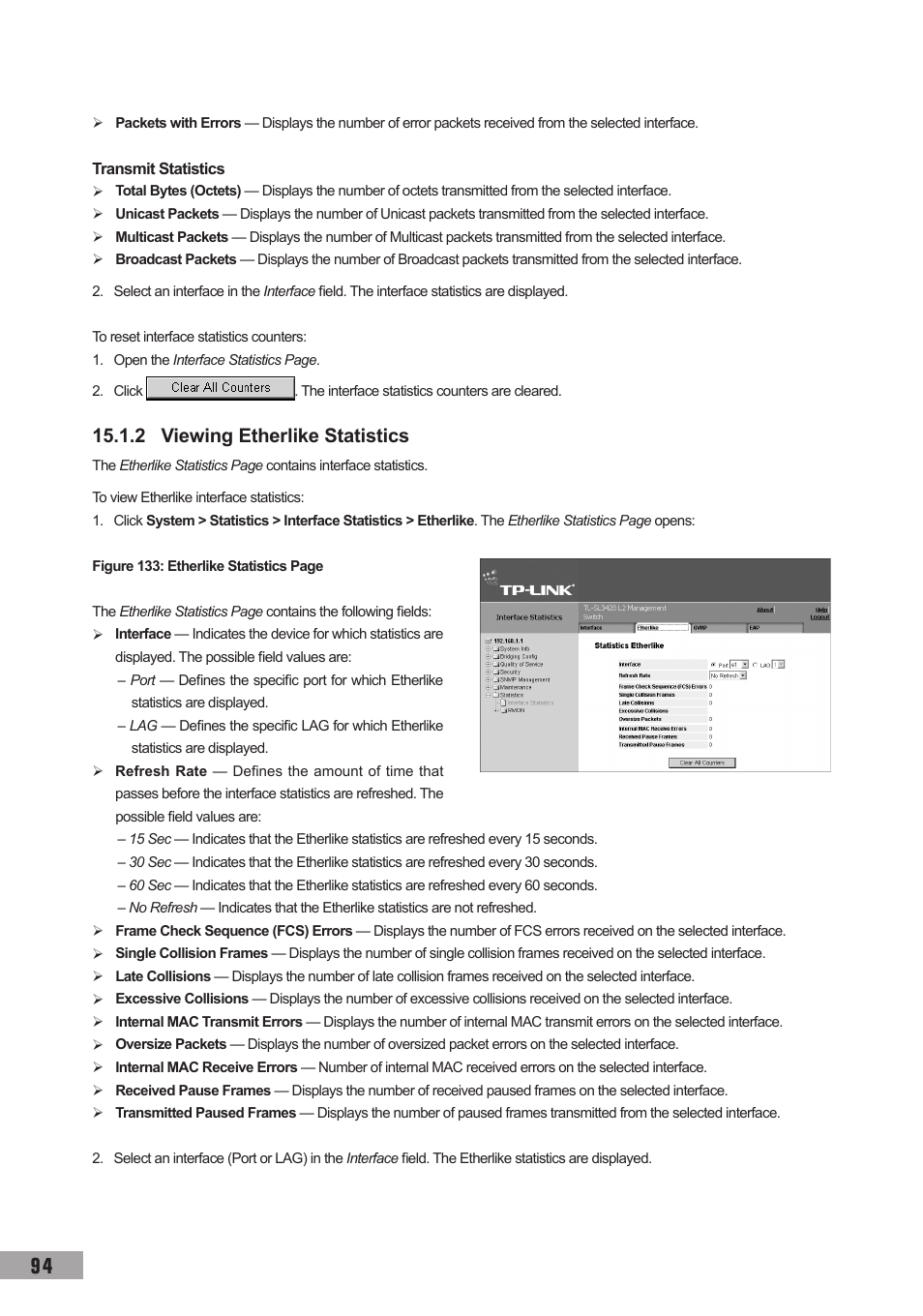 2 viewing etherlike statistics | TP-Link TL-SL3452 User Manual | Page 101 / 120