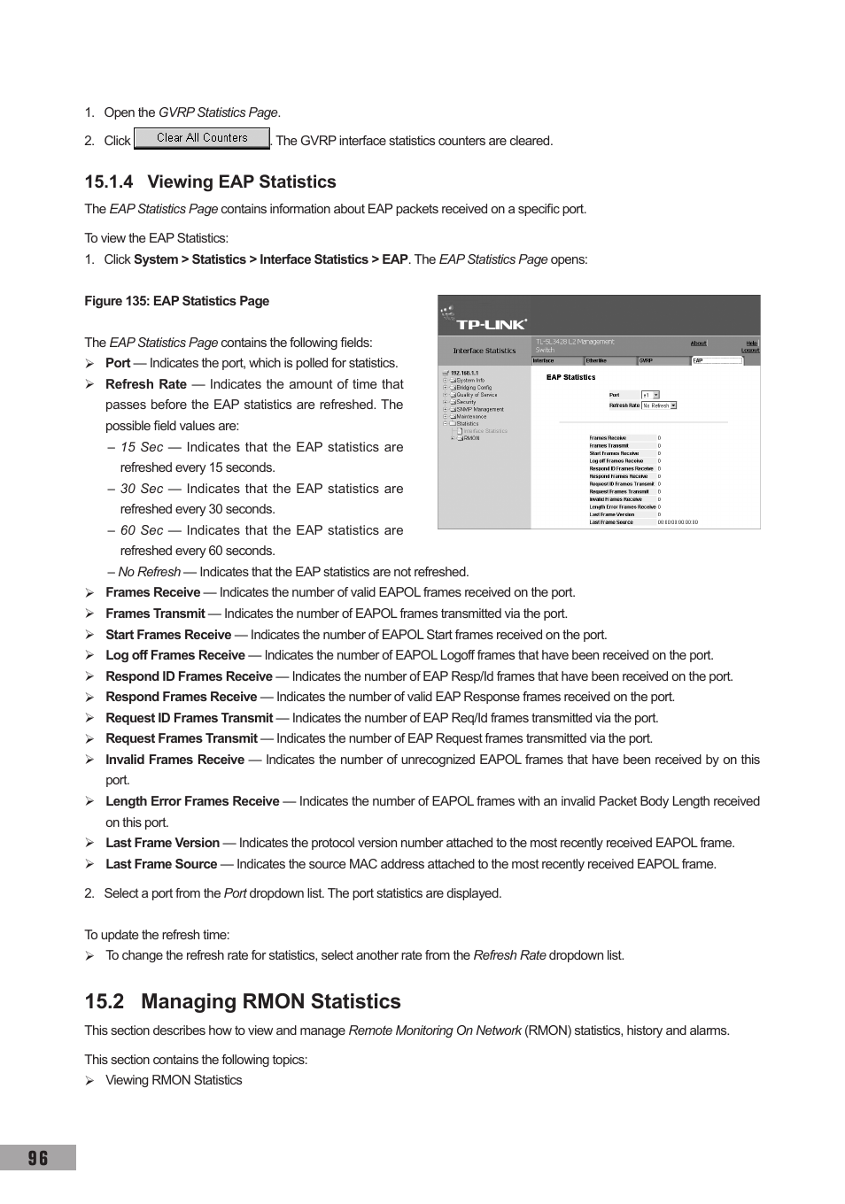 4 viewing eap statistics, 2 managing rmon statistics | TP-Link TL-SL3452 User Manual | Page 103 / 120