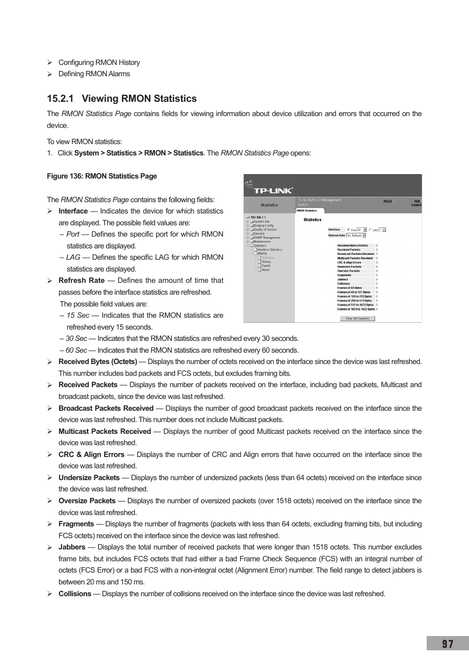1 viewing rmon statistics | TP-Link TL-SL3452 User Manual | Page 104 / 120