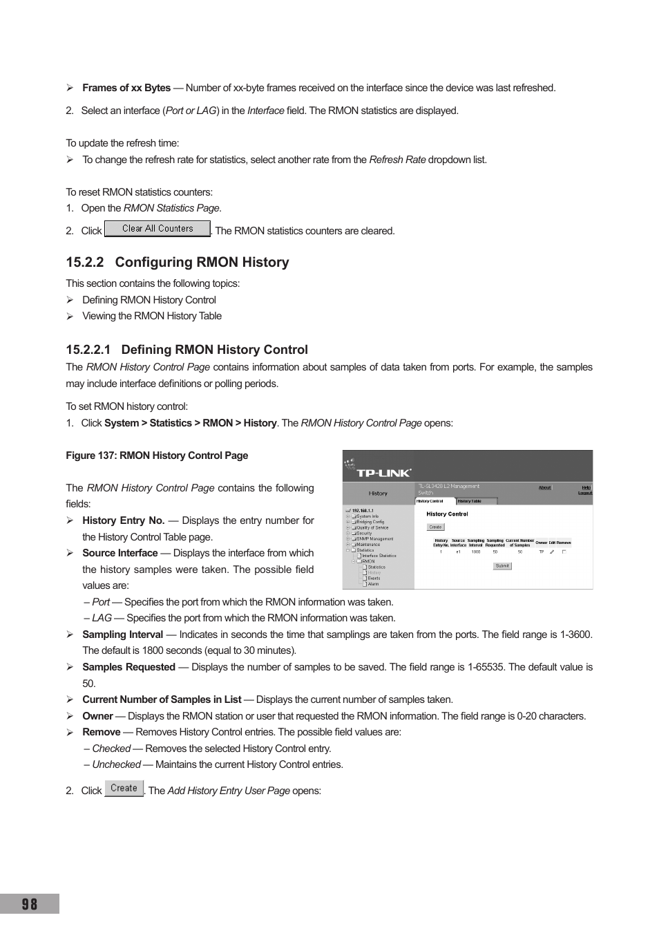 2 configuring rmon history, 1 defining rmon history control | TP-Link TL-SL3452 User Manual | Page 105 / 120