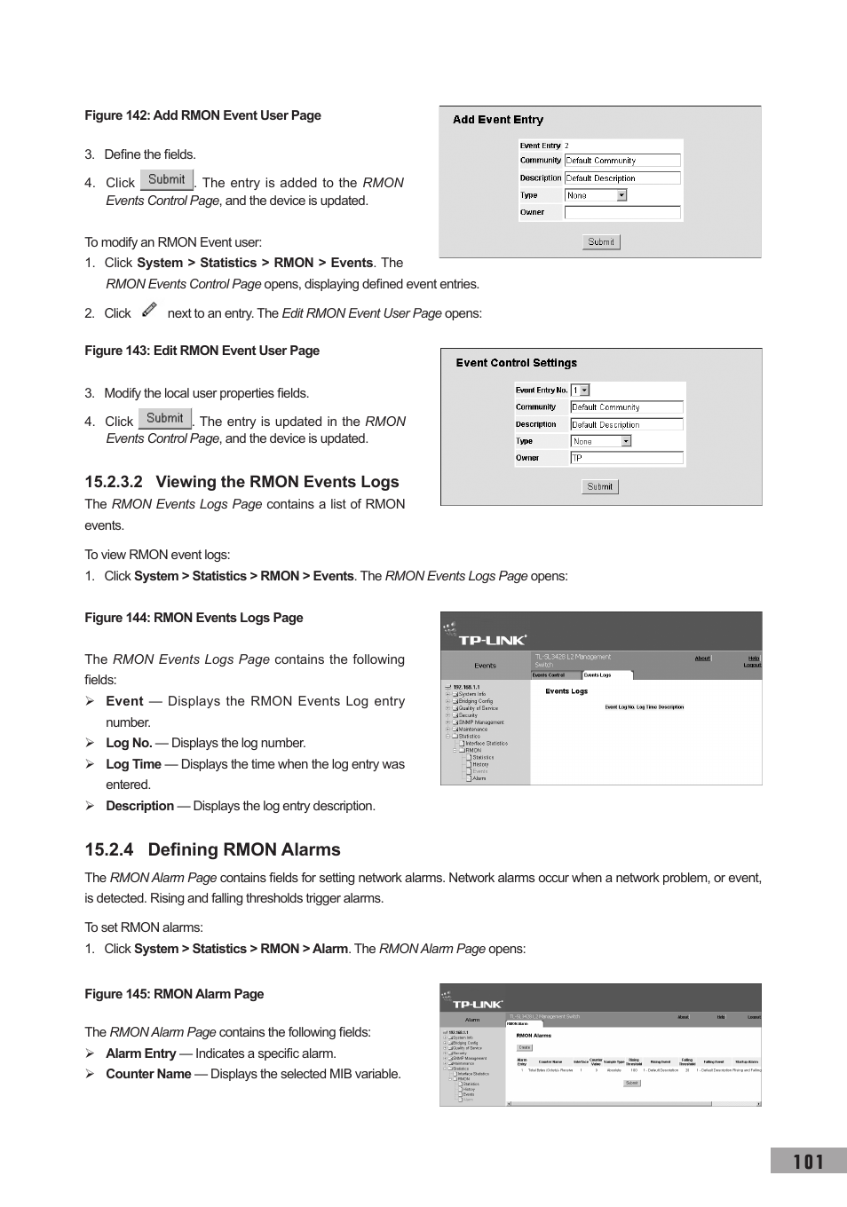 2 viewing the rmon events logs, 4 defining rmon alarms | TP-Link TL-SL3452 User Manual | Page 108 / 120