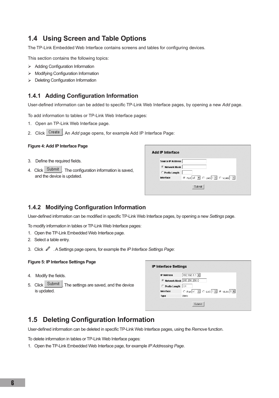 4 using screen and table options, 1 adding configuration information, 2 modifying configuration information | 5 deleting configuration information | TP-Link TL-SL3452 User Manual | Page 13 / 120